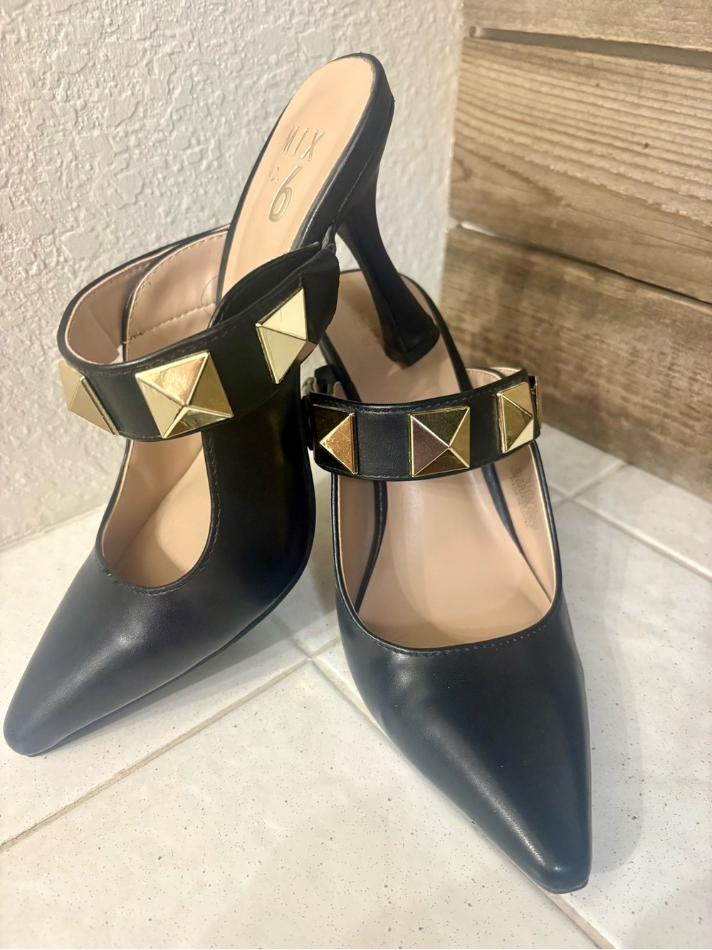 Mix No. 6 Black Pointed Toe Heels with Gold Pyramid Studs